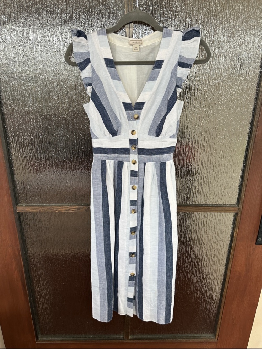Point Sur Women's Sz. 00 100% Linen Blue & White Stripe Midi Dress